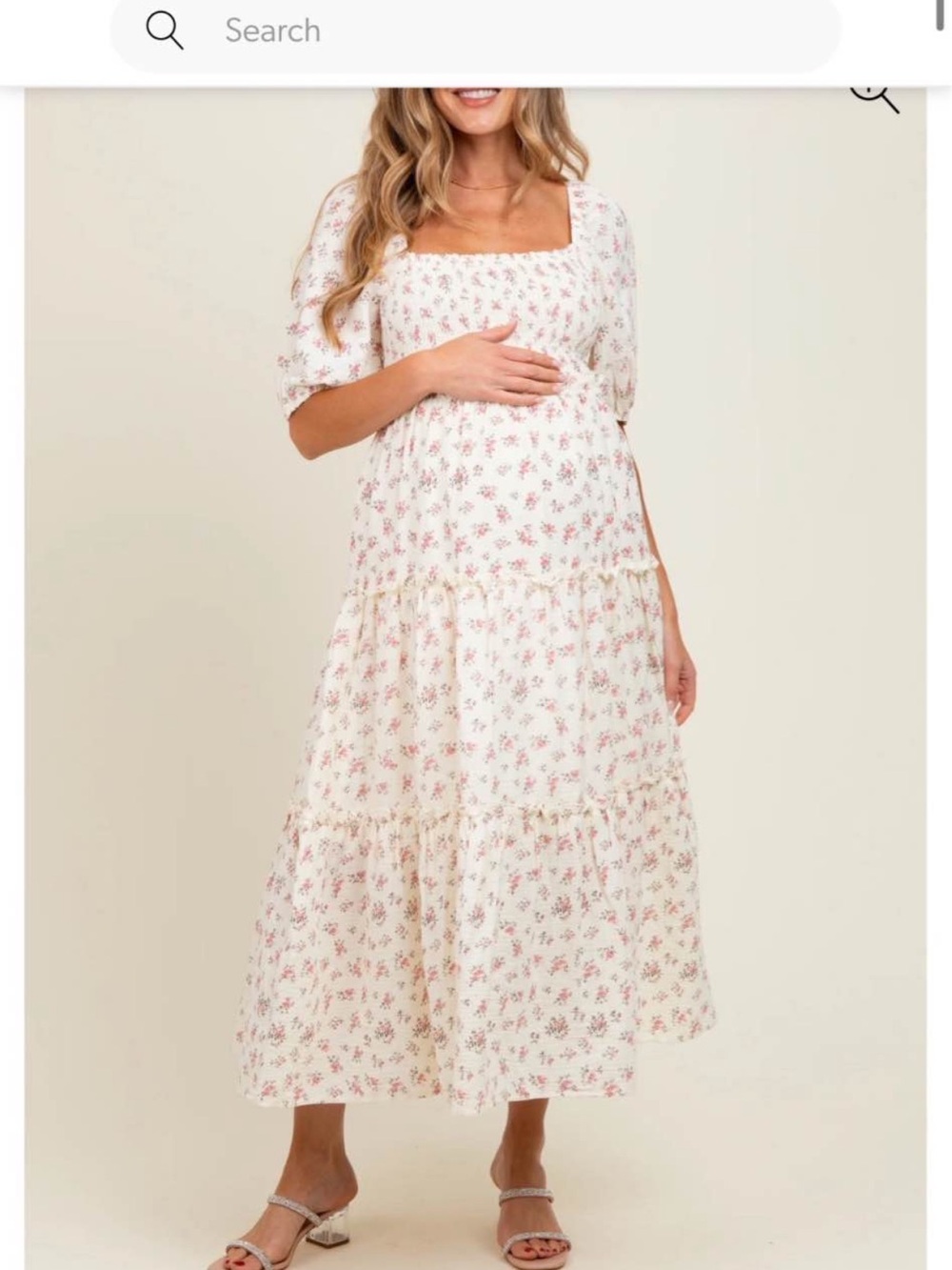 Floral Tiered Square-Neck Maxi Dress - White with Pink Floral maternity